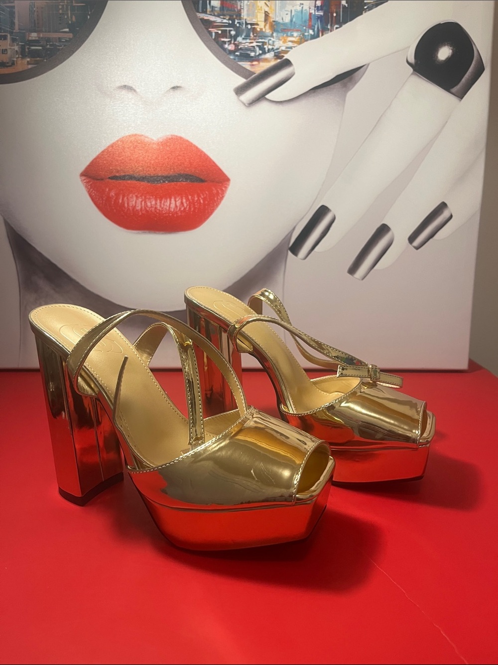 Metallic Gold Platform Slide Heels with Crisscross Straps
